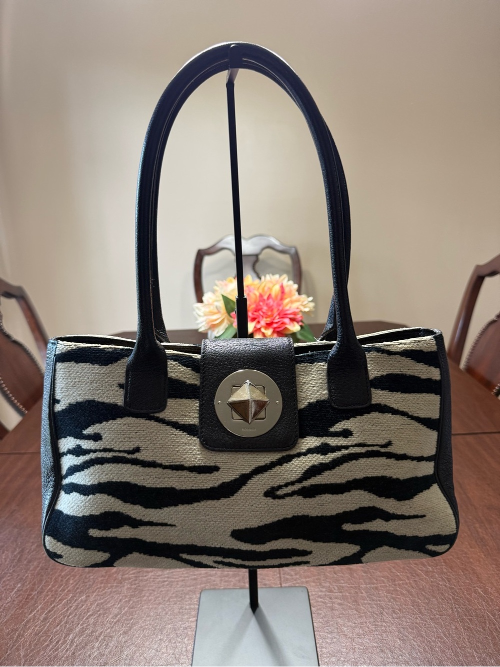 Kate Spade Black Leather Zebra-Print Black and Cream Top-Handle Women's Bag